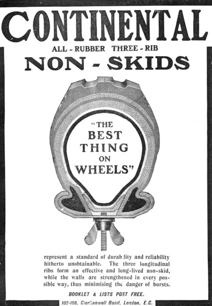 Continental all-rubber three-rib non-skids: "the Best Thing on Wheels", 1909. Creator: Unknown.