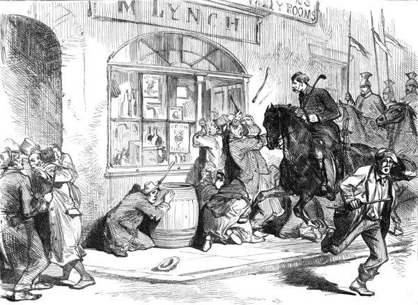 Sketches from Ireland: Lancers clearing the street of Granard at the Longford Election, 1870. Creator: Unknown.