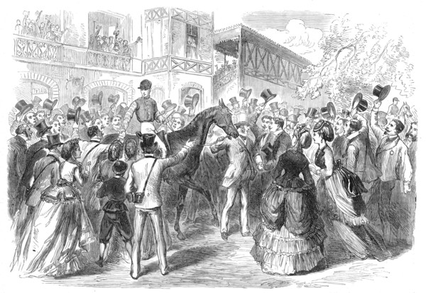 The Race for the Grand Prix de Paris: the winner led to the weighing place, 1870. Creator: Unknown.