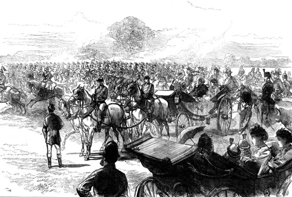Review of the Household Brigade by the Queen, in Bushey Park, 1871. Creator: Unknown.