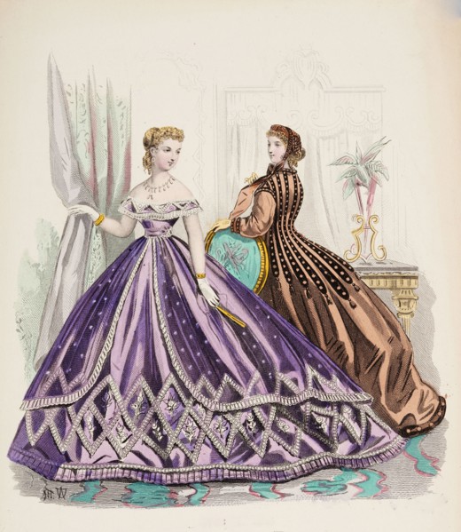 Fashion Plate - Petit Courrier des Dames 'Modes de Paris', 1865-66. Creators: Gilquin fils, A. Carrache.