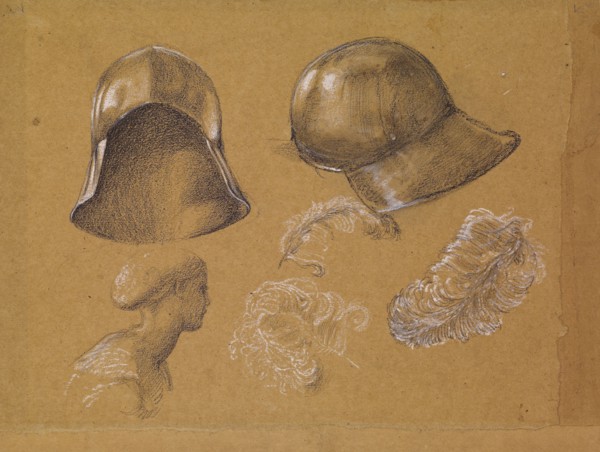 Studies of Helmet, Female Profile and Ostrich Feathers, 1865-1867 (possibly related to.... Creator: Sir Edward Coley Burne-Jones.