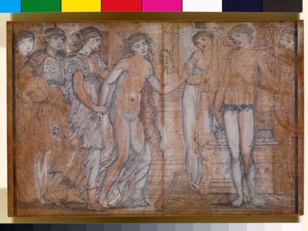 Cupid and Psyche - Psyche in the presence of Venus - Uncut woodblock, 1865. Creator: Sir Edward Coley Burne-Jones.