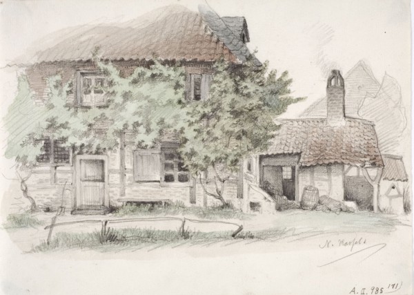A German peasant half-timbered house with a tiled roof, 1850-1855. Creator: Karl Anders Ekman.