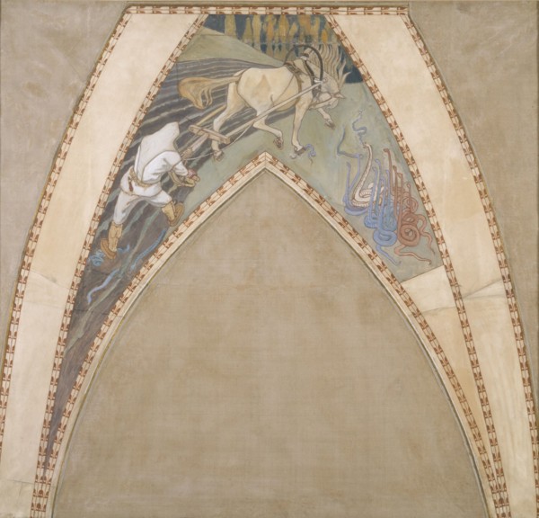 Ilmarinen Ploughing the Viper-Field, sketch for the cupola frescoes of the Finnish Pavilion..., 1899 Creator: Akseli Gallen-Kallela.