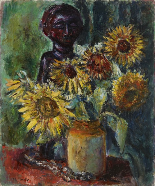 Sun Flowers and a Wooden Sculpture, 1885-1943. Creator: Meri Genetz.