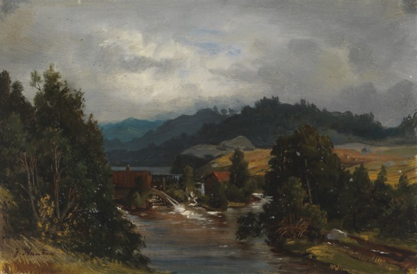 A mill pond in a river landscape, 1870-1879. Creator: Johan Knutson.