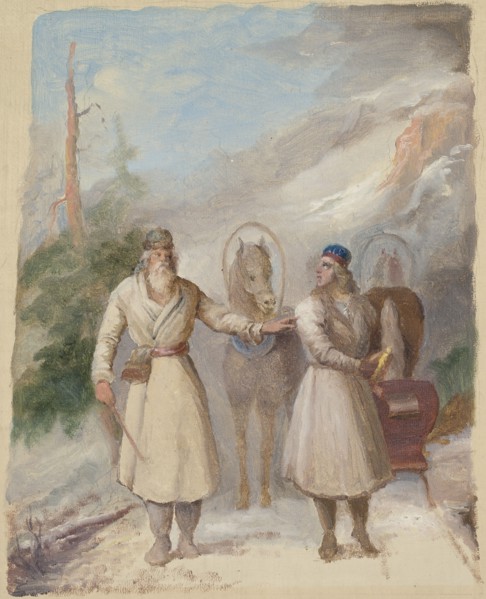 Väinämöinen and Joukahainen, sketch. Creator: Berndt Godenhjelm.