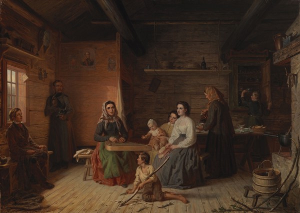 Crete Haapasalo Playing the Kantele in a Peasant Cottage, 1868. Creator: Robert Wilhelm Ekman.