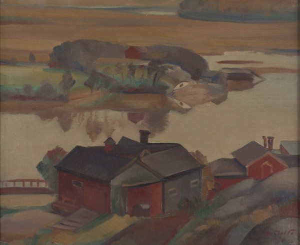 River Landscape With Buildings, 1930. Creator: Ilmari Aalto.