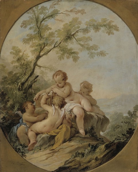 Four amorins playing with a birdcage, 1721-1750. Creator: Guillaume-Thomas Taraval.