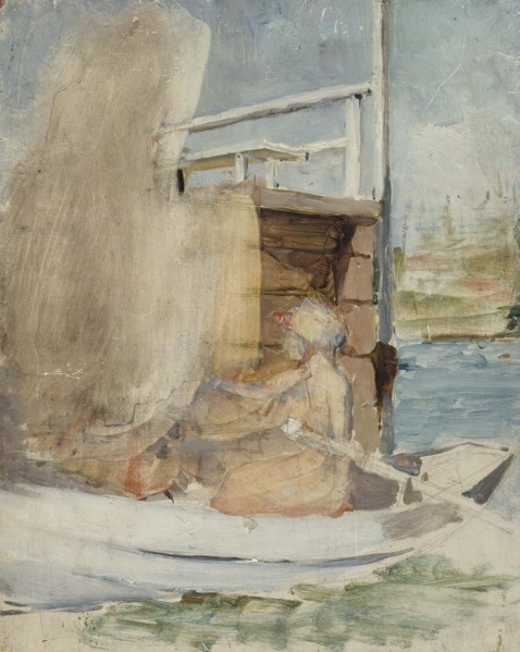 A woman in a boat by the pier, c1890s. Creator: Albert Edelfelt.