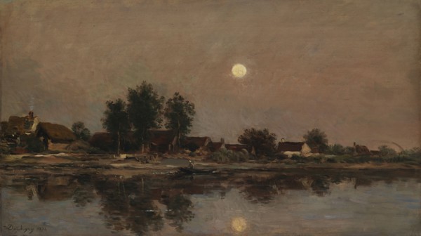The Rising Moon on the River Bank; Village by the Light of the Moon, 1874. Creator: Charles Francois Daubigny.