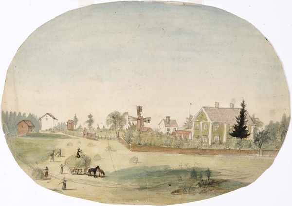 Making hay in front of the farmhouse, 1850-1855. Creator: Karl Anders Ekman.