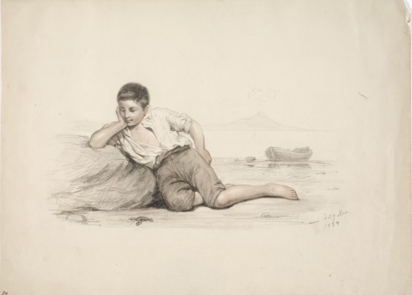 An Italian boy lying against a stone by the bay, 1850-1855. Creator: Karl Anders Ekman.