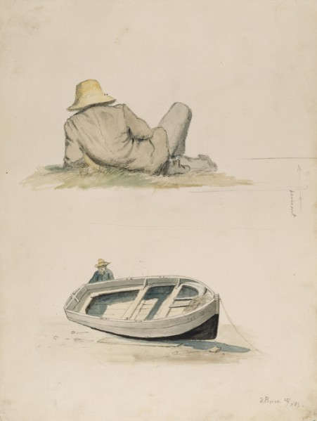 A man resting his back on the grass; A man and a beached boat, 1883. Creator: Oscar Kleineh.