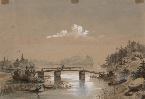 Lake Landscape, Man Angling on a Bridge, 1848-1860. Creator: Werner Holmberg.
