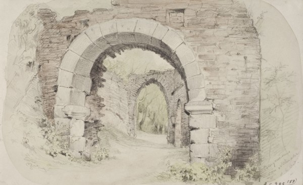Alternahr castle ruins, view through two archways, 1850-1855. Creator: Karl Anders Ekman.