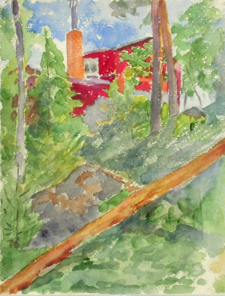 A red building on a cliff between trees. Creator: Maria Wiik.