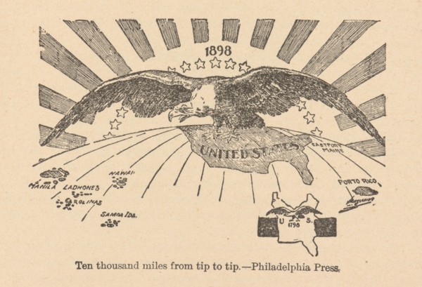 Ten thousand miles from tip to tip, the American Eagle spreads his wings from the..., 1898. Creator: Anonymous.
