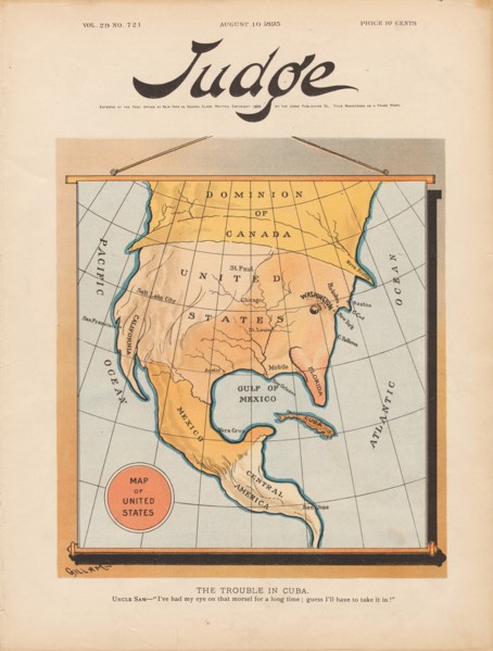 The Trouble In Cuba. Uncle Sam: "I've had my eye on that morsel for a long time guess..., 1895. Creator: Gillam, Bernhard (1856-1896).
