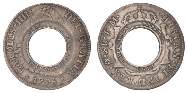 Holey Dollar, New South Wales, minted 1813, from Spanish silver dollar from 1798, 1813. Creator: Numismatic, West European Coins  .