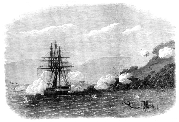 H.M.S. Rinaldo bombarding Salangore, in the Strait of Malacca, 1871. Creator: Unknown.