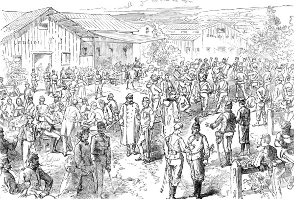 Sketch in the Austrian camp at Bruck: evening amusements, 1871. Creator: Unknown.