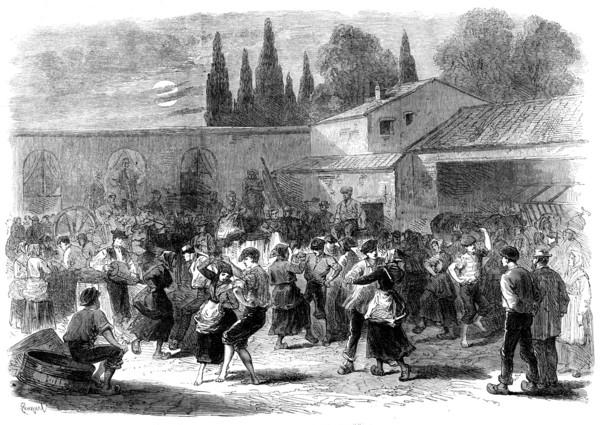 The Vintage of Medoc: evening dance of vineyard labourers, 1871. Creator: Unknown.