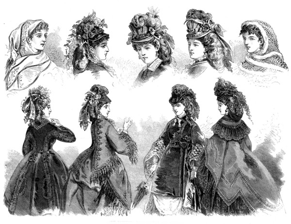Paris fashions: head-dresses and mantles, 1871. Creator: Unknown.