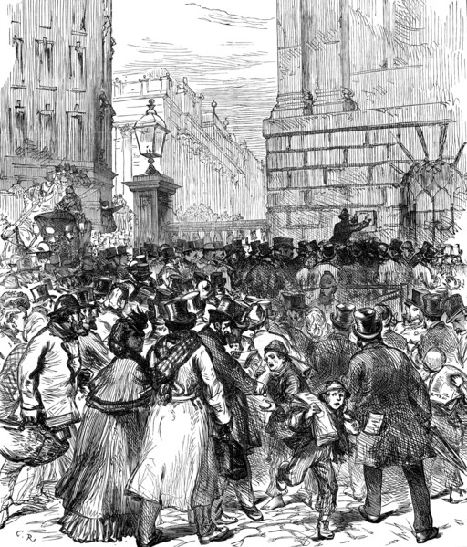 Illness of the Prince of Wales: posting the bulletin at the Mansion House, 1871. Creator: Unknown.