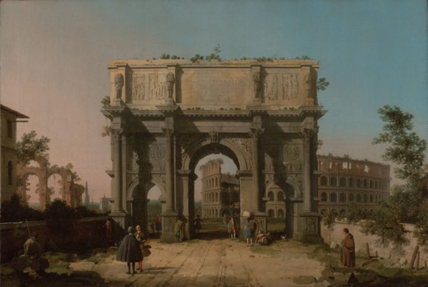 View of the Arch of Constantine with the Colosseum, 1742-1745. Creator: Canaletto.