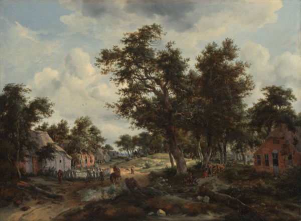 A Wooded Landscape with Travellers on a Path through a Hamlet, about 1665. Creators: Meindert Hobbema, Abraham Storck.