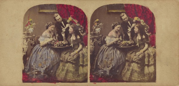 Parlor scene: woman seated at table, man standing at center, about 1860. Creator: Edward Anthony.