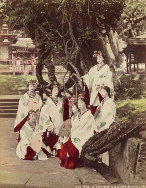Miko, or Performing in A Temple Dancing at Nara, about 1890. Creator: Kusakabe Kimbei.