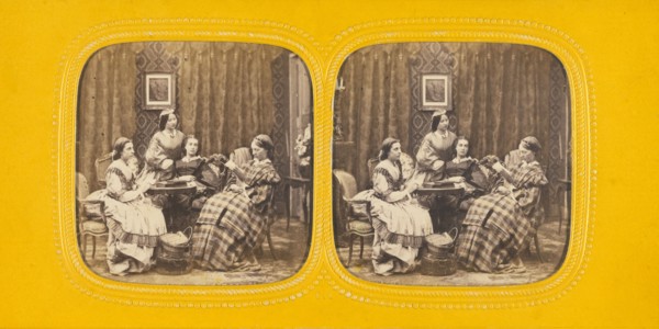Genre parlor scene with four women, 1860s. Creator: E Lamy.
