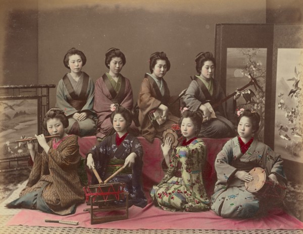 Playing Samisen, Tsudzumi, Fuye and Taiko, 1870s-1890s. Creator: Kusakabe Kimbei.