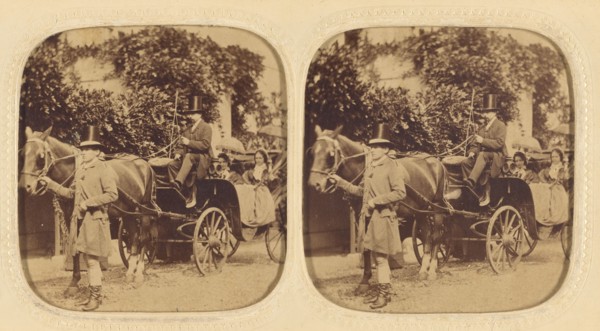 Two women in a horse-drawn carriage with two men drivers wearing top hats..., about 1858. Creator: LeBas.
