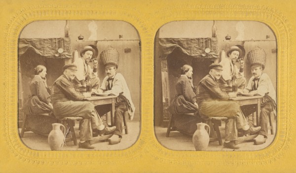 Three men and a woman seated at a table drinking, 1855-1860. Creator: Unknown.
