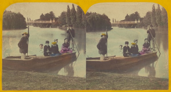 Family in rowboat on river, two rowers with them, about 1855-1860. Creator: Unknown.