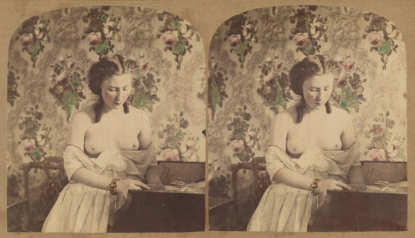 Bare-breasted woman looking down, about 1870. Creator: Unknown.