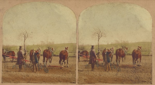 Two men in field with an agricultural machine hooked up to a team of horses, about 1865. Creator: Unknown.