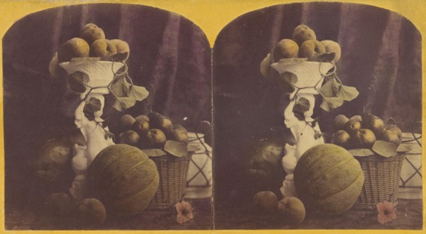 Basket and vase filled with fruit, cantalope at base, about 1865. Creator: Unknown.