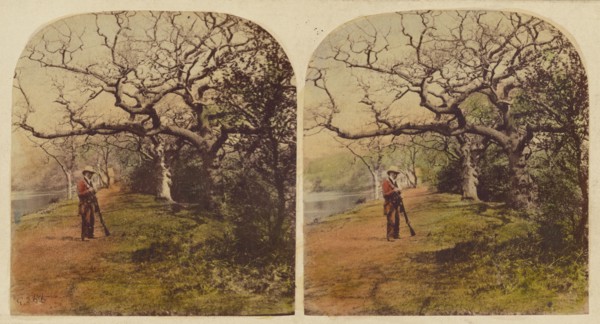 Man in hunting outfit with hat standing, holding shotgun, 1857-1859. Creator: William Morris Grundy.