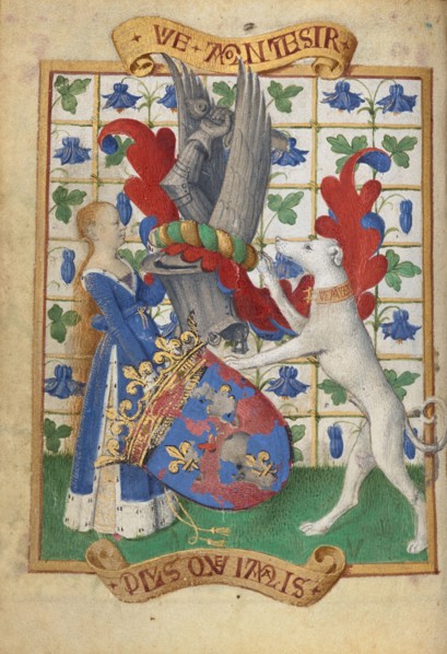 Coat of Arms Held by a Woman and a Greyhound; Hours of Simon de Varie, 1455. Creator: Jean Fouquet.