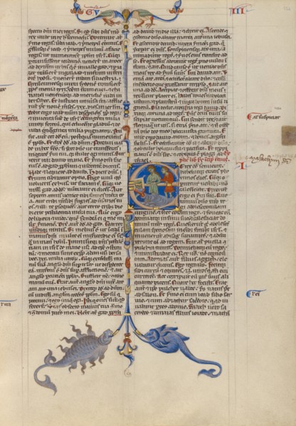 Initial E: Abishag before David on His Deathbed; Abbey Bible, about 1250-1262. Creator: Unknown.