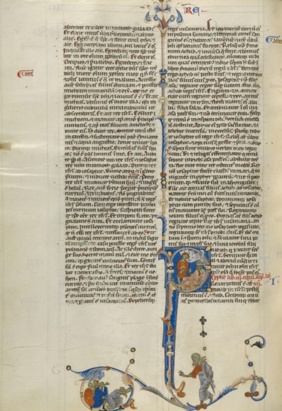 Initial P: King Ahaziah Reclining on a Couch; Abbey Bible, about 1250-1262. Creator: Unknown.