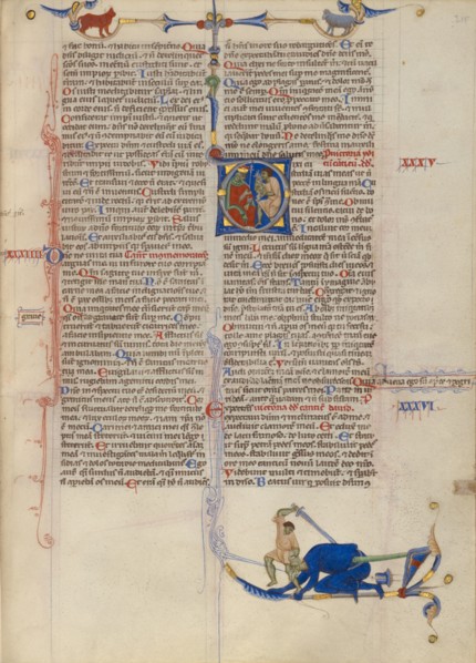 Initial D: David Presenting the Head of Goliath to King Saul; Abbey Bible, about 1250-1262. Creator: Unknown.