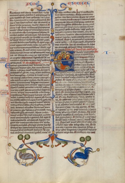Initial E: Ezekiel Dreaming of the Four Evangelist Symbols; Abbey Bible, about 1250-1262. Creator: Unknown.