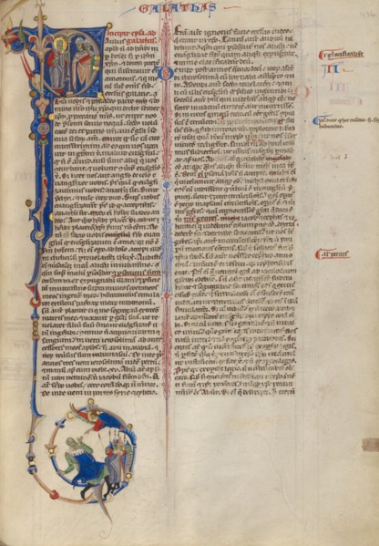 Initial P: Paul with Two Bishops; Abbey Bible, about 1250-1262. Creator: Unknown.